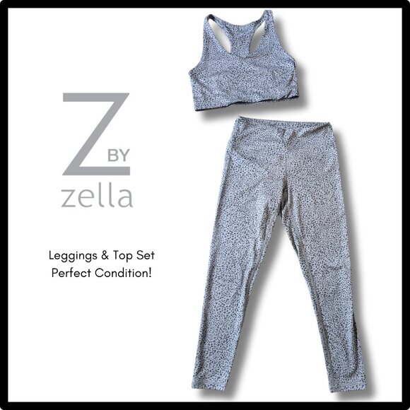 Z by Zella, Activewear Leggings & Sports Bra Set, Gry/Blk Leopard Sz S - Picture 1 of 10
